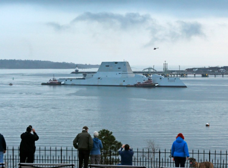 USS Zumwalt arriving in Portland Harbor on Dec. 10, 2015. The warship was on a weeklong test of its onboard systems.
