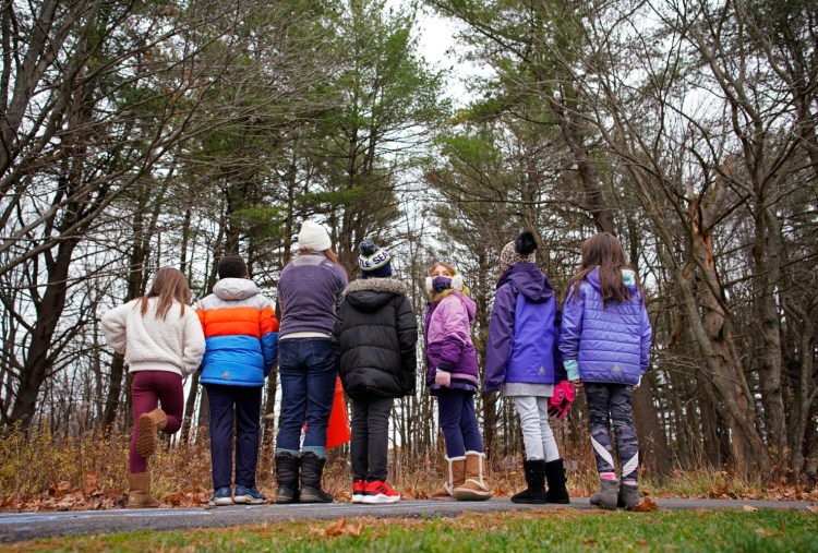 Katie West, a teacher at Lyseth Elementary in Portland, and a class of third-graders examine aspects of trees before starting to paint them during an outdoor art class in the woods last Nov. 13. 
