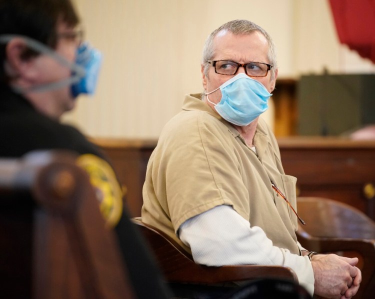 Bruce Akers appears in  York County Superior Court in Alfred at the start of his sentencing hearing in November 2020. 