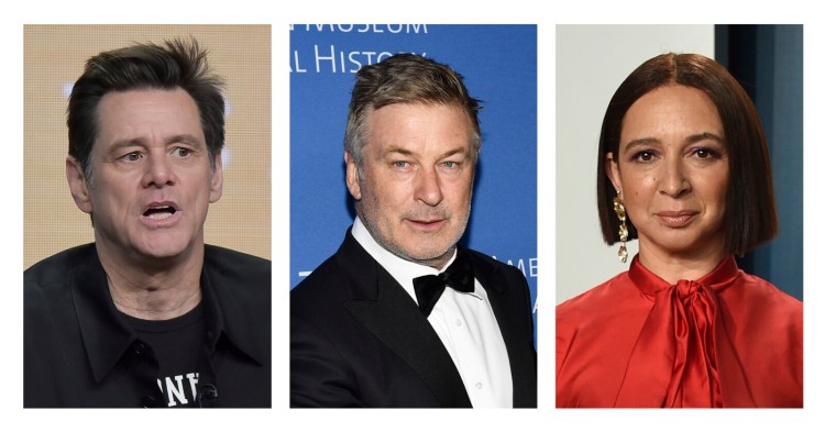 FILE - Jim Carrey, left, appears in an Aug. 2, 2019, photo in Beverly Hills, Calif. Alec Baldwin, middle, appears in a Nov. 21, 2019, photo in New York. Maya Rudolph appears in a Feb. 9, 2020, photo in Beverly Hills. It didn't take long for “Saturday Night Live” to come up with its comedic take on the presidential election results — complete with Rudolph donning a white suit like Vice President-elect Kamala Harris wore for her acceptance speech. Carrey played President-elect Joe Biden, taking the stage and poking fun at the five-day wait for results. He even offered a throwback to one of his infamous '90s-era lines, calling President Donald Trump a “Looooosseer!” to laughs and applause. Carrey and Rudolph each made an L out of their hands and held them to their foreheads and were joined by Alec Baldwin, reprising his role as Trump. (AP Photos/File)