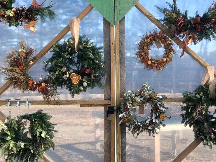 Examples of wreaths from Lazy Acres Farm in Farmingdale.