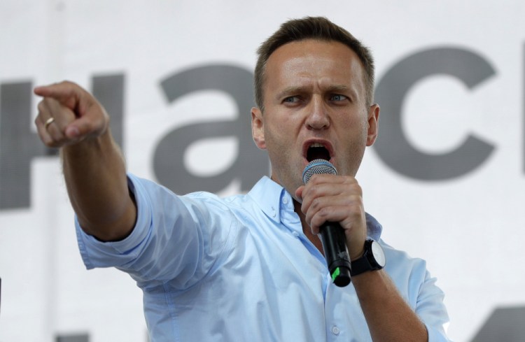 Russian opposition activist Alexei Navalny speaks to a crowd during a political protest in Moscow in 2019. (AP Photo/Pavel Golovkin, File)