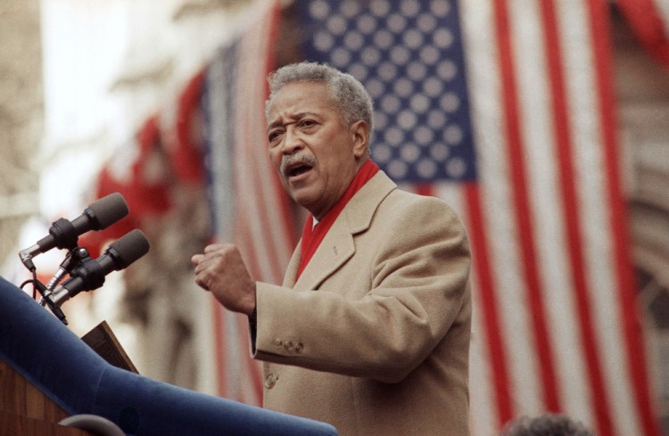 David Dinkins delivers his first speech as mayor of New York in Jan. of 1990. Dinkins, New York City’s first African-American mayor, died Monday. He was 93. (