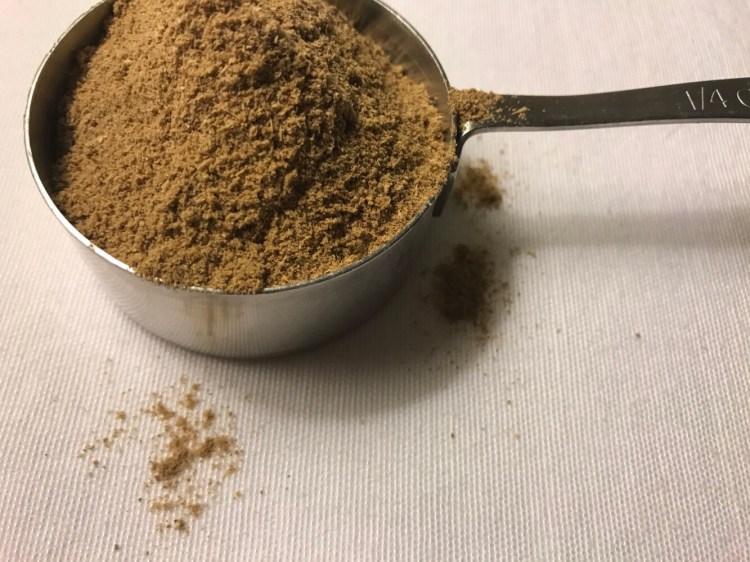 Homemade spent-grain flour. After drying spent grains leftover from making beer, you get this, which can be used for baking.
