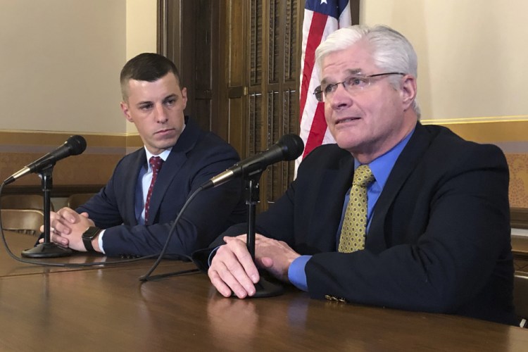 Michigan Senate Majority Leader Mike Shirkey, R-Clarklake, right, and House Speaker Lee Chatfield, R-Levering, left, speak to the media in Lansing, Mich., earlier this year. Chatfield remained mum about the details of his meeting with President Trump but did say the delegation asked for additional federal aid to help Michigan's coronavirus response. 
