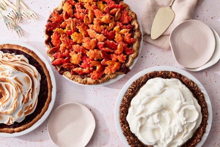 From left: Roasted Cranberry with Meringue topping in Press in Cookie Crust; Caramel Apple Pie With an All-Butter Crust and Painted Cutout Topping; Fall-Spice Pudding Pie With Whipped Cream and a Nut Crust. MUST CREDIT: Photo by Mark Weinberg for The Washington Post.
