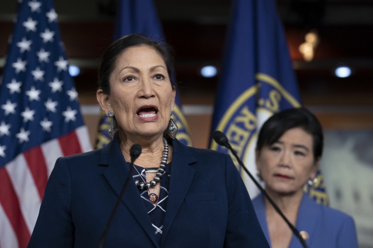 Rep. Deb Haaland, D-N.M., Native American Caucus co-chair, joined at right by Rep. Judy Chu, D-Calif., chair of the Congressional Asian Pacific American Caucus, speaks to reporters about the 2020 Census on Capitol Hill in Washington in March. 