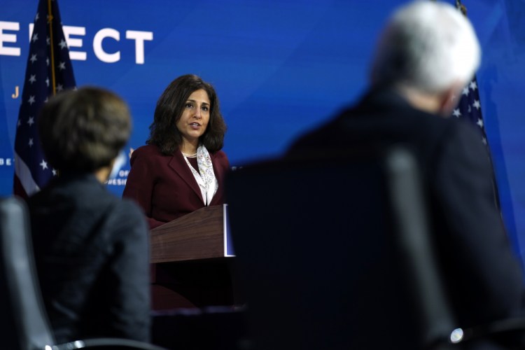 Neera Tanden, President-elect Joe Biden's nominee to serve as director of the Office of Management and Budget, speaks Tuesday at The Queen theater in Wilmington, Del. 

