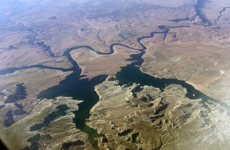 An aerial view of Lake Powell on the Colorado River along the Arizona-Utah border in September 2019. 