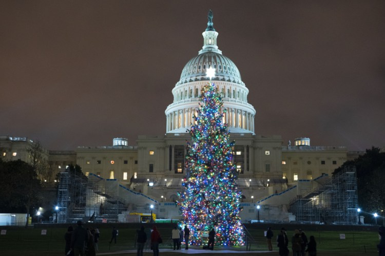 The U.S. Capitol Christmas tree glitters on Sunday night. Congress took up a $900 billion pandemic relief package Monday night that would finally deliver long-sought cash to businesses and individuals and resources to vaccinate a nation confronting a frightening surge in COVID-19 cases and deaths. 