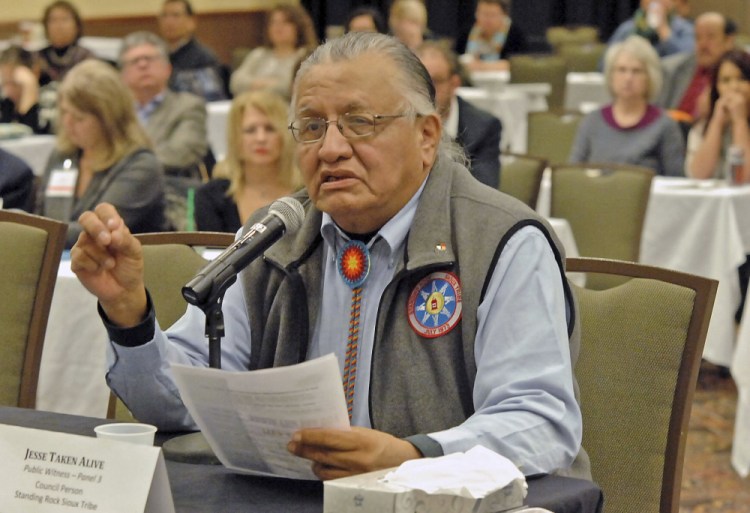 Jesse Taken Alive,  former chairman of the Standing Rock Sioux Tribe testifying in 2013.   Family members say "Jay" Taken Alive died in December after contracting COVID-19, not long after his wife passed away from the coronavirus. 