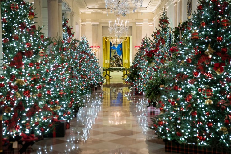 The Great Hall at the White House is decorated for Christmas with the theme "America the Beautiful." 