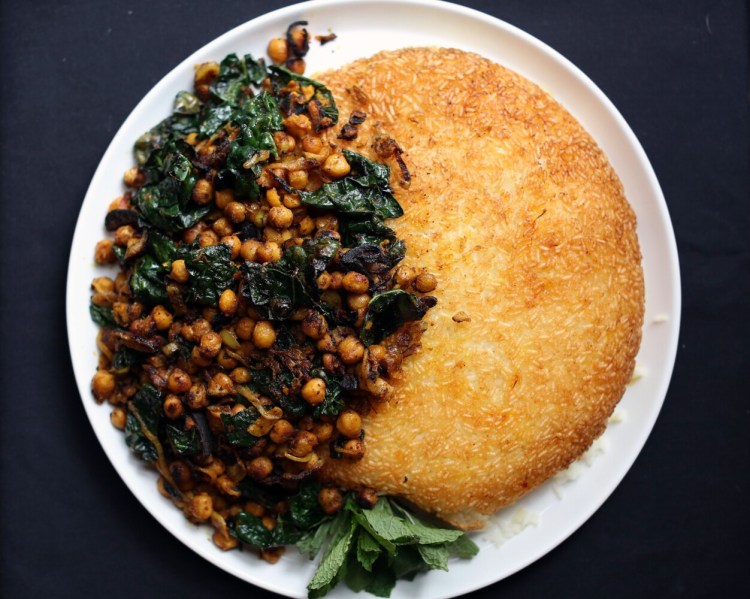 BRUNSWICK, ME - JANUARY 21: A platter of Persian-ish Crispy Rice with Spiced Golden Chickpeas. (Staff photo by Ben McCanna/Staff Photographer)