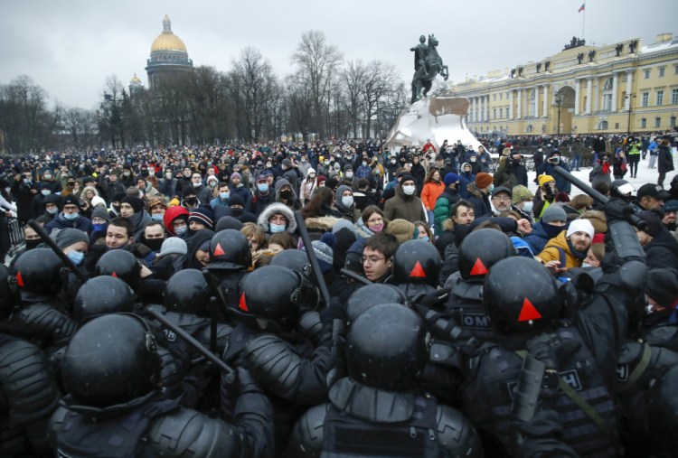 People clash with police during a protest against the jailing of opposition leader Alexei Navalny in St.Petersburg, Russia, on Saturday.
