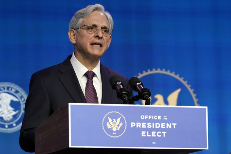 Attorney General nominee Merrick Garland speaks during an event with President-elect Joe Biden and Vice President-elect Kamala Harris at The Queen theater in Wilmington, Del., on Thursday. 