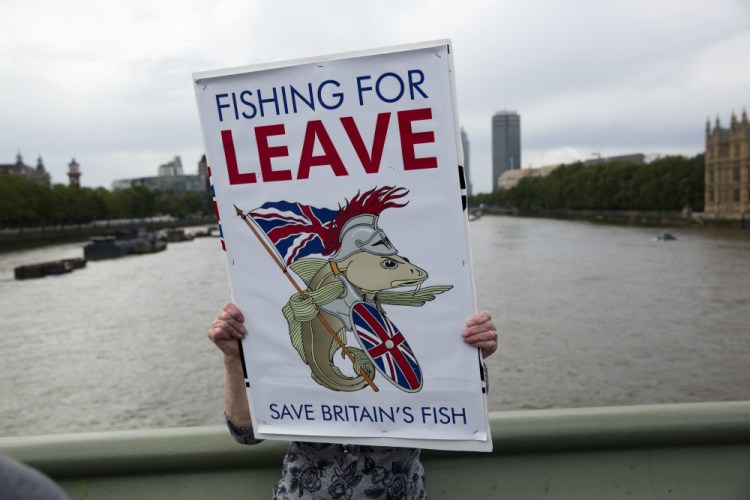A "Leave" supporter holds a banner on Westminster Bridge on June 15, 2016, during an EU referendum campaign stunt in which a flotilla of boats supporting "Leave" sailed up the River Thames outside the Houses of Parliament in London. British fishing communities were among the strongest supporters of Brexit. But now some say they face ruin because of new red tape imposed by Britain’s departure from the European Union.