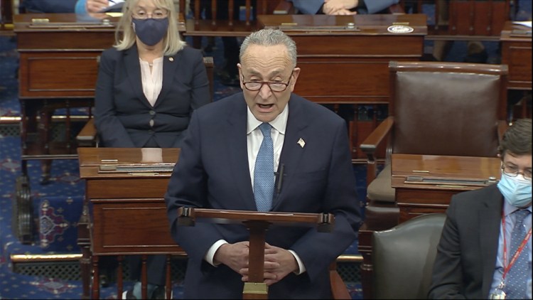 In this image from video, Senate Minority Leader Chuck Schumer of New York, shown on Wednesday after the Senate reconvened following the Capitol riot, on Thursday called on President Trump to be “immediately” removed from office.