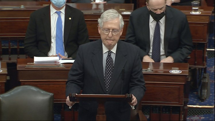 In this image from video, Senate Majority Leader Mitch McConnell of Ky., speaks as the Senate reconvenes after protesters stormed into the U.S. Capitol on Wednesday, Jan. 6. 