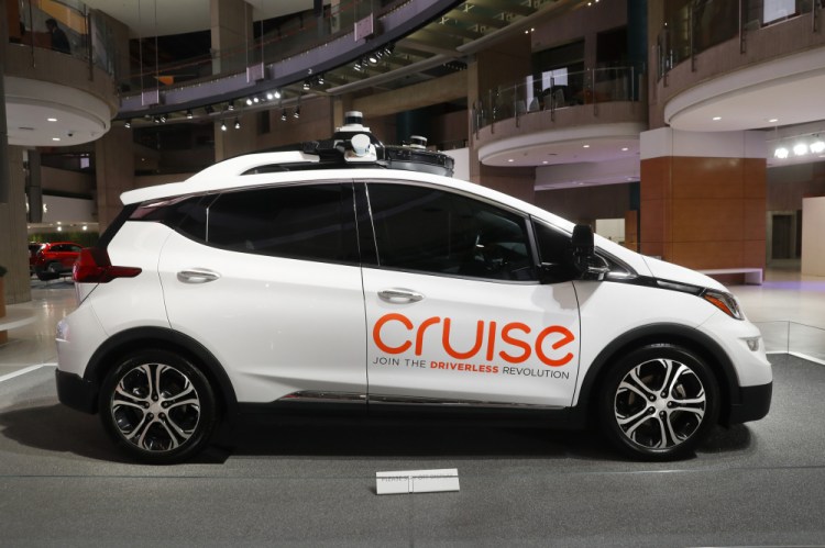 Cruise AV, General Motor's autonomous electric Bolt EV, is displayed in Detroit in January 2019. 