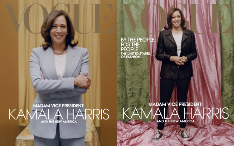 This combination of photos released by Vogue shows images of Vice President-elect Kamala Harris on the cover of their February digital and print issues. Vogue's February 2021 issue is available on newsstands nationwide on January 26. 