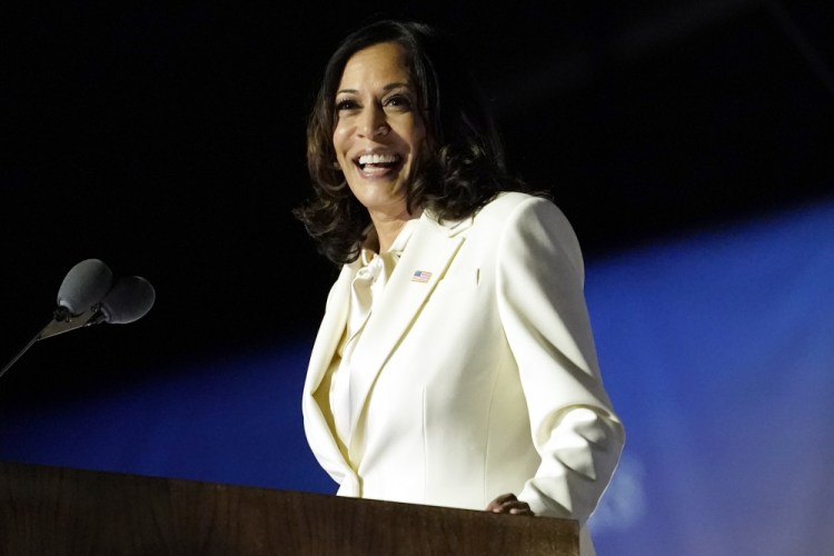 Vice President-elect Kamala Harris speaks in Wilmington, Del. on Nov. 7, 2020. Harris will make history Wednesday when she becomes the nation’s first Black, South Asian and female vice president. 