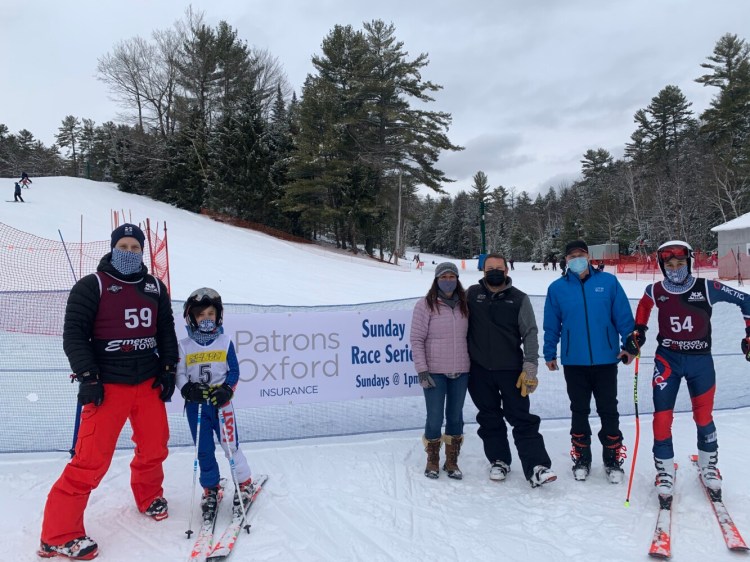 The kick off of the Patron’s Oxford Sunday Race Series at Lost Valley was held Jan. 3 in Auburn. From left are Ethan Guerette of Patrons Oxford Insurance; Anson Beaulieu; April and Scott Shanaman, owners of Lost Valley; Scott Berube, Lost Valley race director; and Ethan Levesque.