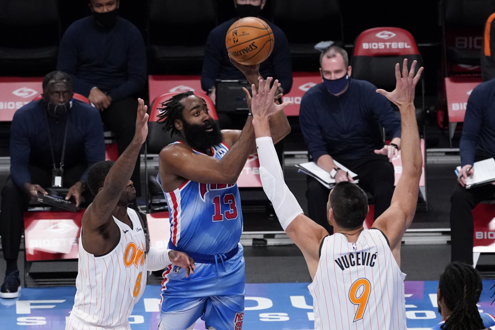 James Harden, Dwayne Bacon, Nikola Vucevic