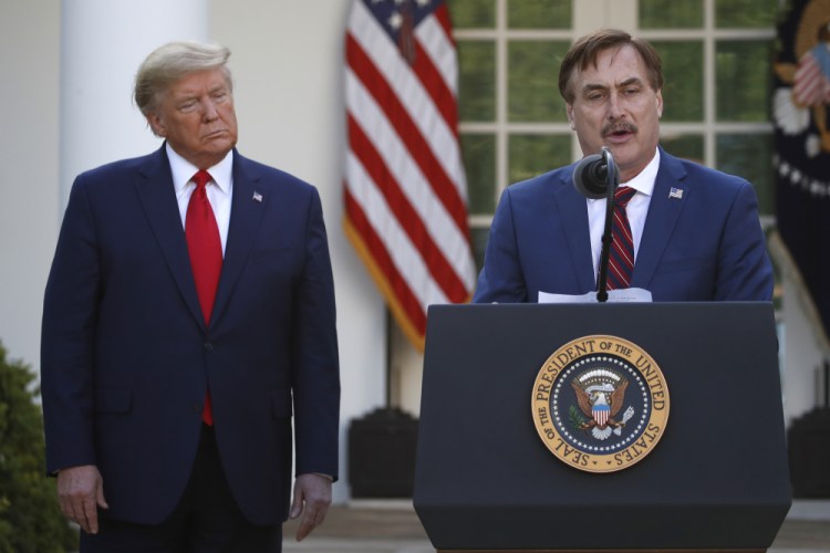 My Pillow CEO Mike Lindell speaks during a coronavirus briefing on March 30, 2020, in the Rose Garden of the White House. Lindell, an avid supporter of President Trump, who has continued to push the notion of election fraud since Trump lost to Joe Biden in the presidential election, said his products will no longer be carried in the stores of some retailers, including Bed Bath & Beyond and Kohl's. 