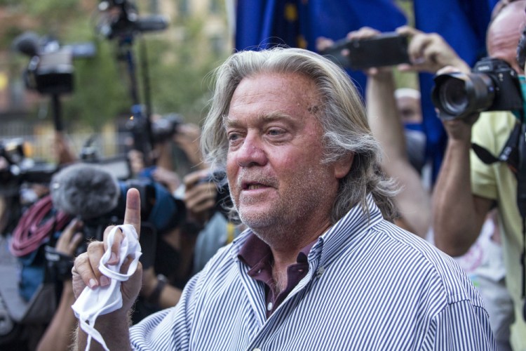 In this Aug. 20, 2020, file photo, President Donald Trump's former chief strategist, Steve Bannon, speaks with reporters in New York after pleading not guilty to charges that he ripped off donors to an online fundraising scheme to build a southern border wall. 