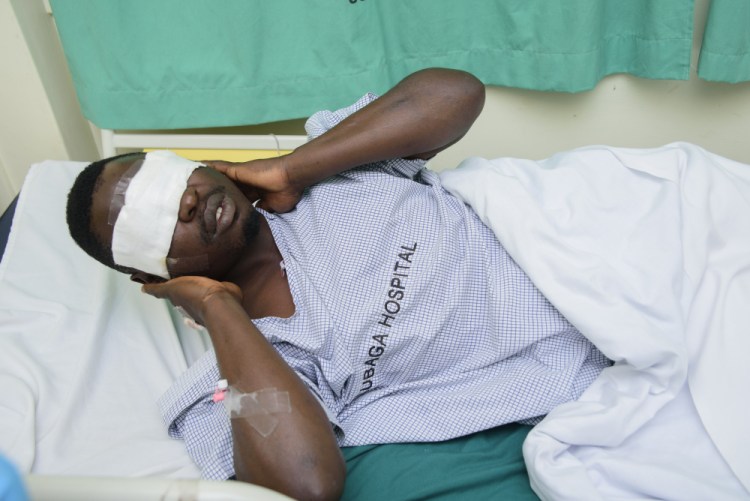 Mityana Municipality politician Zaake Francis, a close ally of opposition leader Bobi Wine, lies in Rubaga hospital in Kampala, Uganda, on Sunday after he was allegedly beaten by security personnel at the gates of Bobi Wine's house on Saturday.