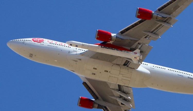 Virgin Orbit Boeing 747-400 rocket launch platform, named Cosmic Girl, takes off from Mojave Air and Space Port, Mojave on its second orbital launch demonstration in the Mojave Desert, north of Los Angeles. 
