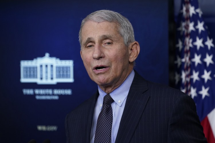 Dr. Anthony Fauci, director of the National Institute of Allergy and Infectious Diseases, speaks with reporters in the James Brady Press Briefing Room at the White House in Washington on Jan. 21. 