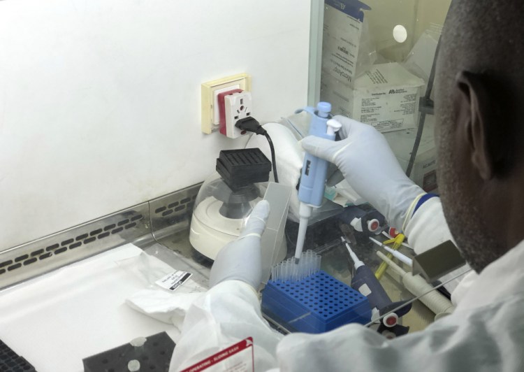 Virologist Sunday Omilabu works in a lab in Nigeria in December trying to gather information about a variant form of the coronavirus that is more highly contagious. American officials warn that the variant could become the dominant form of the virus in the United States by March. 