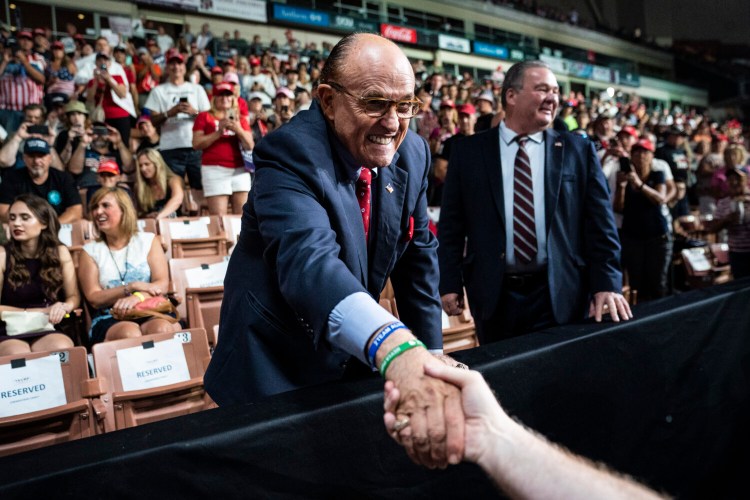 Rudy Giuliani greets supporters before then-President Donald Trump's arrival at a rally at Southern New Hampshire University Arena on Aug 15, 2019 in Manchester, N.H. MUST CREDIT: Washington Post photo by Jabin Botsford.