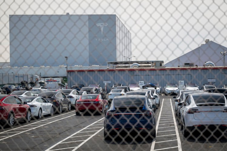 Tesla Inc. vehicles at the assembly plant in Fremont, Calif., on Aug. 13, 2020. MUST CREDIT: Bloomberg photo by David Paul Morris.