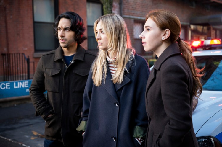 In a scene from “The Flight Attendant,” from left, are Deniz Akdeniz, Kaley Cuoco and Zosia Mamet.
