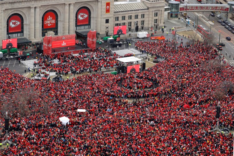 Fans gathered for a rally in front of Union Station after a parade through downtown Kansas City, Missouri, on Feb. 5, 2020.