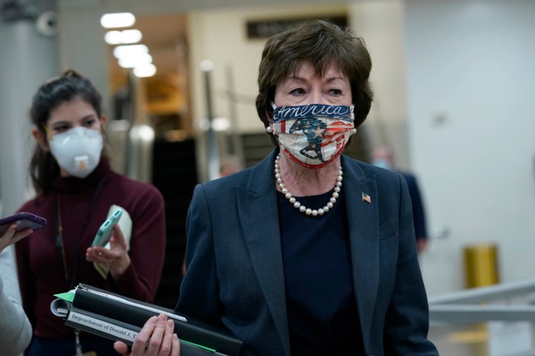 Sen. Susan Collins, R-Maine, leaves after the first day of the second impeachment trial of former President Donald Trump on Capitol in Washington, Tuesday, Feb. 9, 2021. (AP Photo/Susan Walsh)