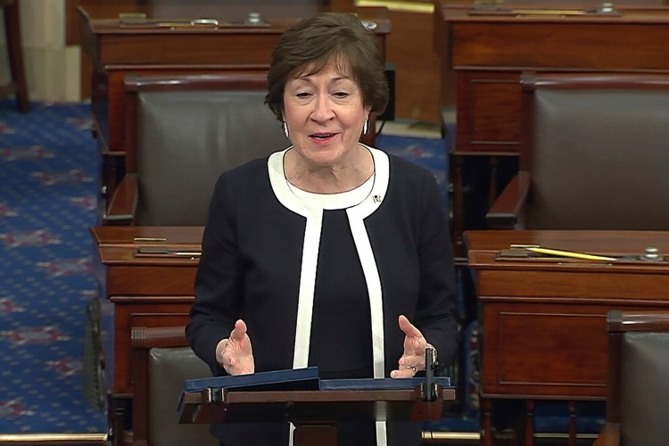 In this image from video, Sen. Susan Collins, R-Maine, speaks after the Senate acquitted former President Trump in his second impeachment trial in the Senate at the U.S. Capitol in Washington on Saturday. 