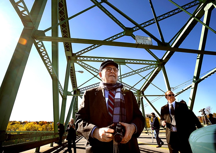 Dr. Bernard Lown walks on the bridge renamed in his honor in 2008 in Lewiston. He was a Massachusetts cardiologist who invented the first reliable heart defibrillator and later co-founded an anti-nuclear war group that was awarded a Nobel Peace Prize.