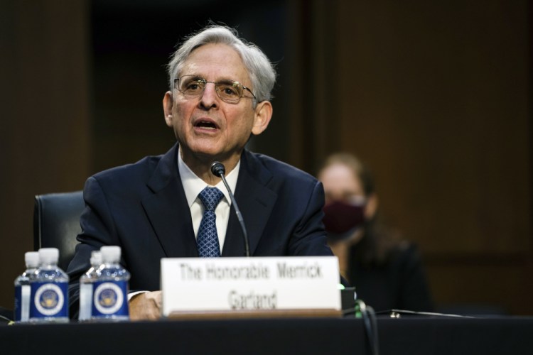 Judge Merrick Garland, nominee to be attorney general, testifies at his confirmation hearing before the Senate Judiciary Committee on Monday on Capitol Hill in Washington.