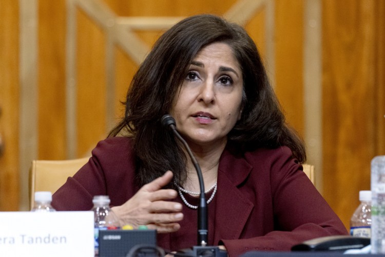 Neera Tanden, President Biden's nominee for Director of the Office of Management and Budget, testifies before a Senate committee this month in Washington. Lawmakers have based their objections to Tanden mostly on sharp tweets she sent in the past that caustically criticized both Republican and Democratic lawmakers. 