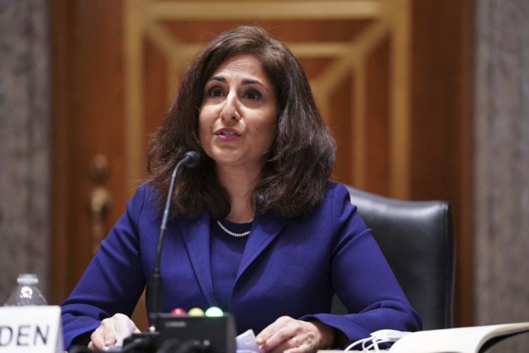 Neera Tanden testifies before the Senate Homeland Security and Government Affairs Committee on her nomination to become director of the Office of Management and Budget, during a hearing Feb. 9 on Capitol Hill.  