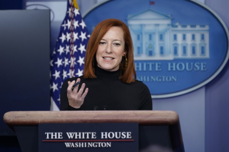 White House press secretary Jen Psaki speaks during a news briefing at the White House on Wednesday in Washington. Even as President Biden gathers with senators and works the phones to push for a giant COVID-19 relief package, his team is increasingly focused on selling the plan directly to voters.  