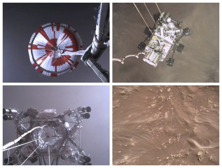 This combination of images from video made available by NASA shows steps in the descent of the Mars Perseverance rover as it approaches the surface of the planet on Thursday. 