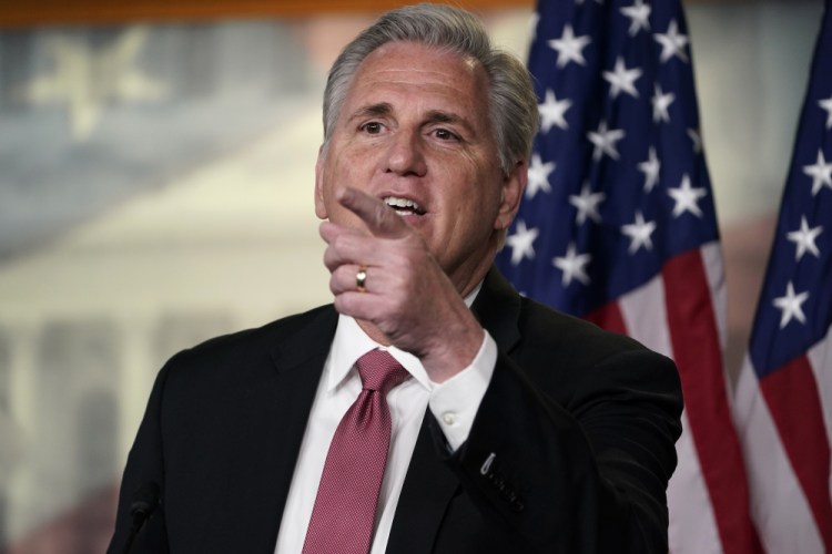 House Minority Leader Kevin McCarthy of Calif., speaks during a news conference on Capitol Hill on Thursday. He says he supports Rep. Liz Cheney, R-Wyo., but also has “concerns,” leaving his stance on her unclear.