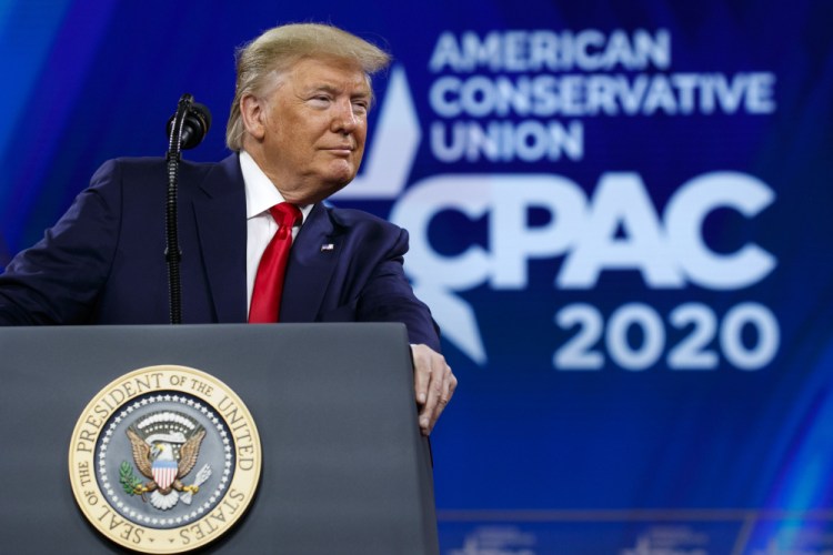 President Donald Trump pauses while speaking at the Conservative Political Action Conference, CPAC 2020, Feb. 29, 2020, at National Harbor, in Oxon Hill, Md.