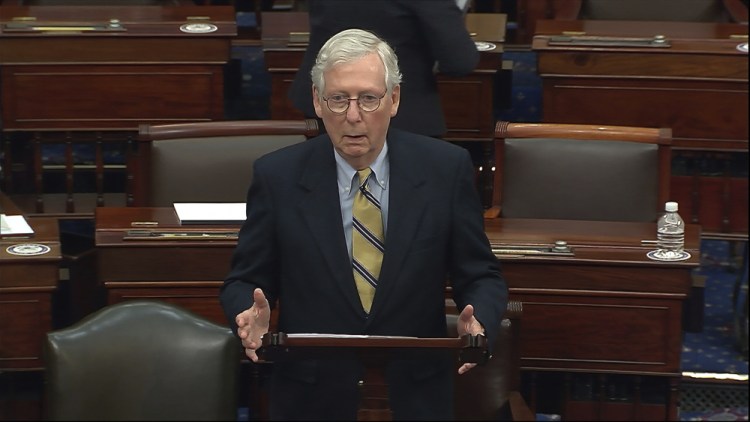 In this image from video, Senate Minority Leader Mitch McConnell of Kentucky speaks after the Senate acquitted former President Trump in his second impeachment trial in the Senate at the U.S. Capitol in Washington, on Saturday. Trump hurled insults at McConnell on Tuesday. 