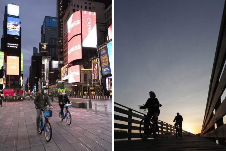 This combination of photos shows people riding bicycles in New York's Times Square, left, on April 29 and in Gulf State Park in Gulf Shores, Ala., on March 12. 
