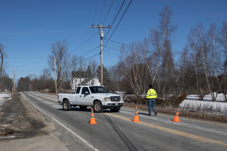 An emergency vehicle blocks off Long Plains Road on Thursday, March 4. Buxton police have closed a section of Long Plains Road as they deal with a public safety incident Thursday morning. 